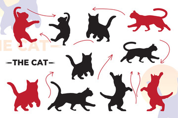 Complete package of hand-drawn cat silhouettes, cat movement vectors 