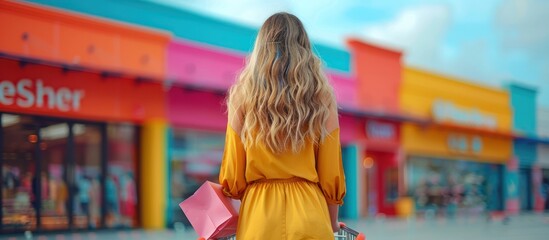 Fototapeta premium woman with bags in shopping cart on shopping center background