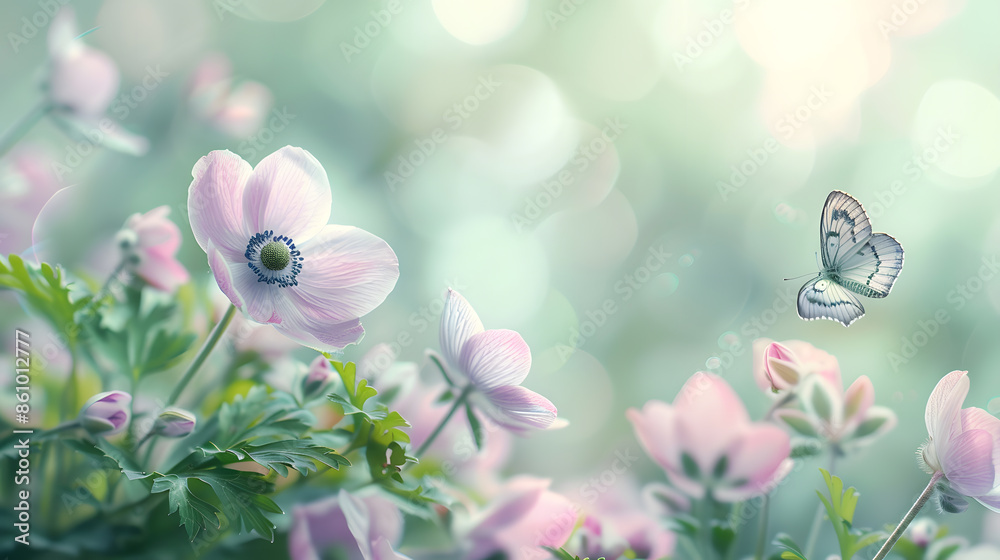 Poster beautiful pink flower anemones fresh spring morning on nature and fluttering butterfly on soft green