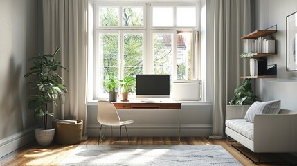 Bright and cozy home office with large windows, wooden desk, indoor plants, and comfortable seating in a modern living space.