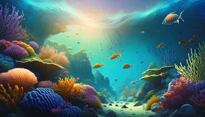 A colorful underwater scene with a variety of fish swimming around