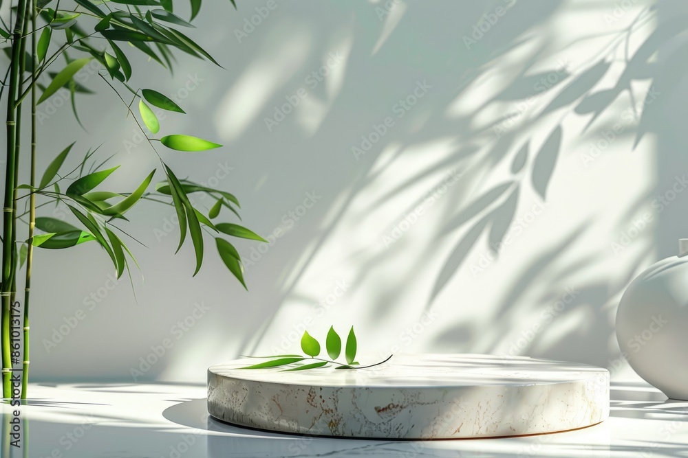 Aufkleber Minimalistic design featuring a round podium with palm tree shadow patterns on a textured wall