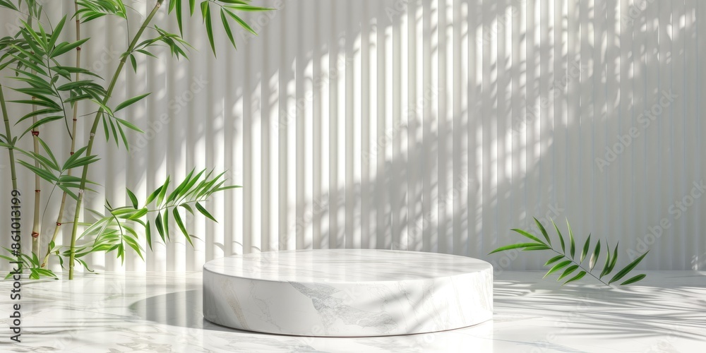 Poster Minimalistic design featuring a round podium with palm tree shadow patterns on a textured wall