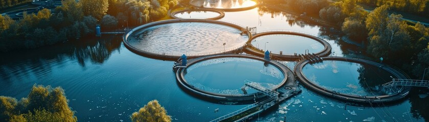 A stunning aerial shot of a water treatment plant featuring circular clarifiers, surrounded by lush greenery and bathed in the warm light of sunset.