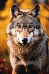 Fototapeta premium Majestic wolf standing in forest with autumn leaves