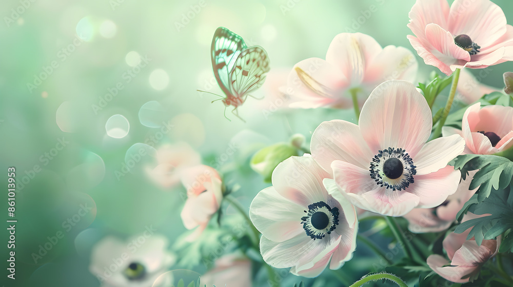 Poster beautiful pink flower anemones fresh spring morning on nature and fluttering butterfly on soft green