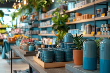 Obraz premium Beautiful interior of a modern home decor store showcasing a variety of stylish and colorful pottery, ceramics, and home accessories.