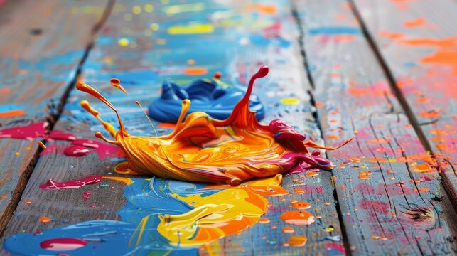 Messy paint spill on a wooden floor, vibrant colors splattered in an oops moment, creating an artistic chaos