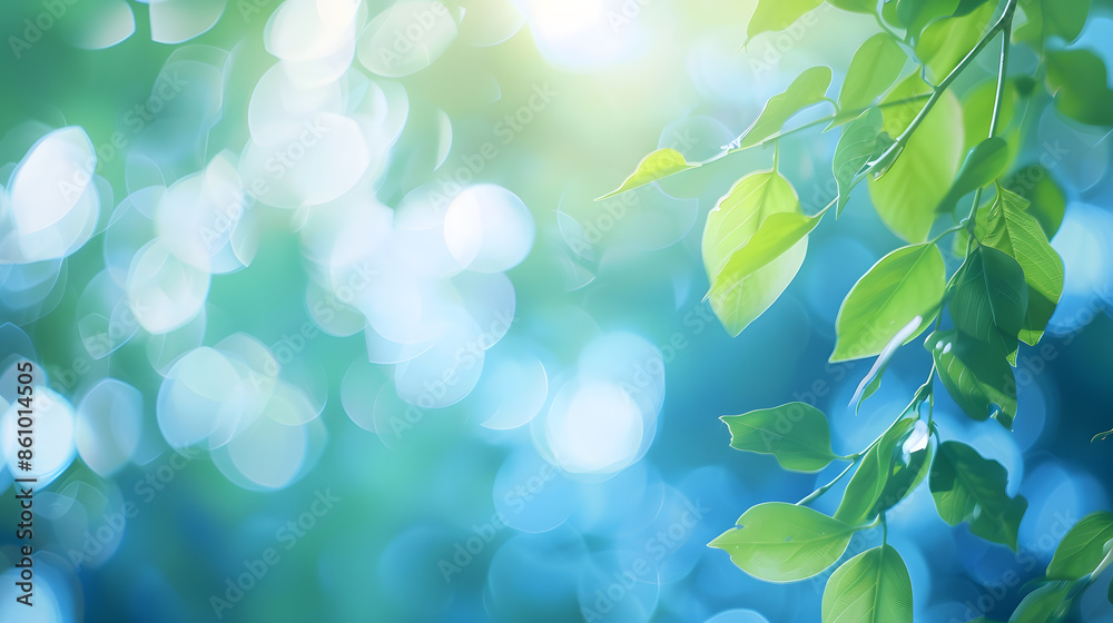 Aufkleber summer background of blue and green blurred foilage and sky with bright bokeh blurry abstract summer