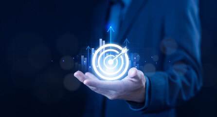 hand show target icon digital business growth, success invest objective. concept of business plan...