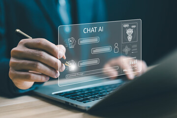 AI generates command prompt information, smart robot conversation. concept of bot artificial intelligence open for chat customers, business communication, development of chatbot digital technology. 