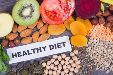 Inscription healthy diet with nutritious ingredients containing natural minerals and vitamin K