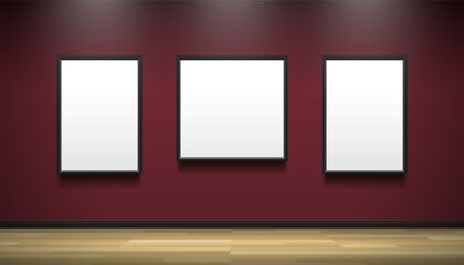 three blank picture frames  on the wall museum art  gallery interior mock up vector illustration