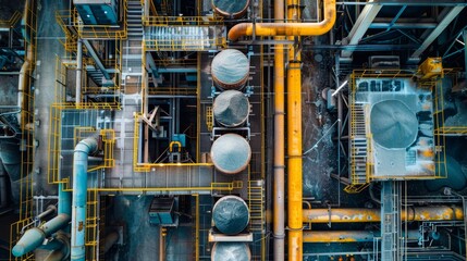 Modern sugar factory, top view of the cane processing line production, showcasing advanced machinery and automated systems