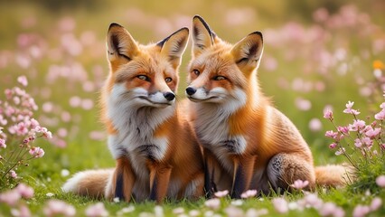 Fototapeta premium Two red fox in the grass