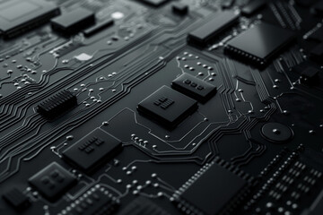 Black printed circuit board showing microchips and electronic components