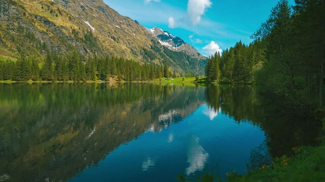 Lake Hintersee static footage, High Tauern National Park in Tyrol, Austria. Water reflections, nature, mountains, glacier, snow.