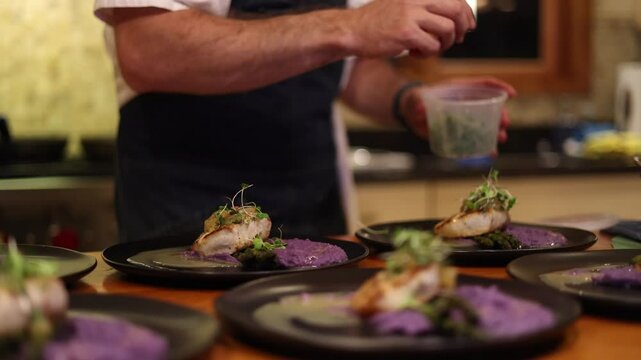 Chef Plating Main Entree With Microgreens; Gourmet Cooking.