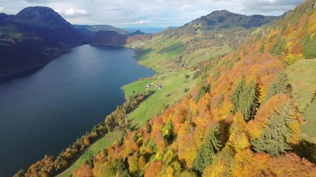 Drone Aerial Flight Over Switzerland Lake