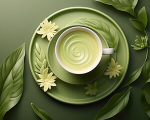 Herbal green tea flat design top view natural theme 3D render analogous color scheme
