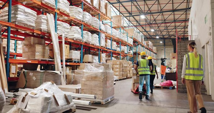 People, moving and boxes in logistics factory for storage or packaging, transportation and loading for distribution or shipping. Team, warehouse and trolley for delivery, inventory and supply chain.