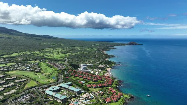 Spectacular Aerial Reveal Of South Maui: Travel, Vacation, Coastal Resort Town On The Tropical Island Of Hawaii.