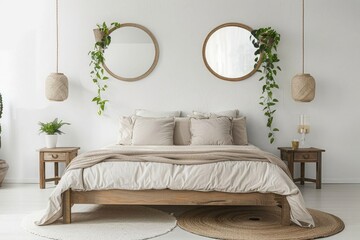 A simple bedroom with Japanese style decorations, a white wall in the background with two round mirrors hanging on it