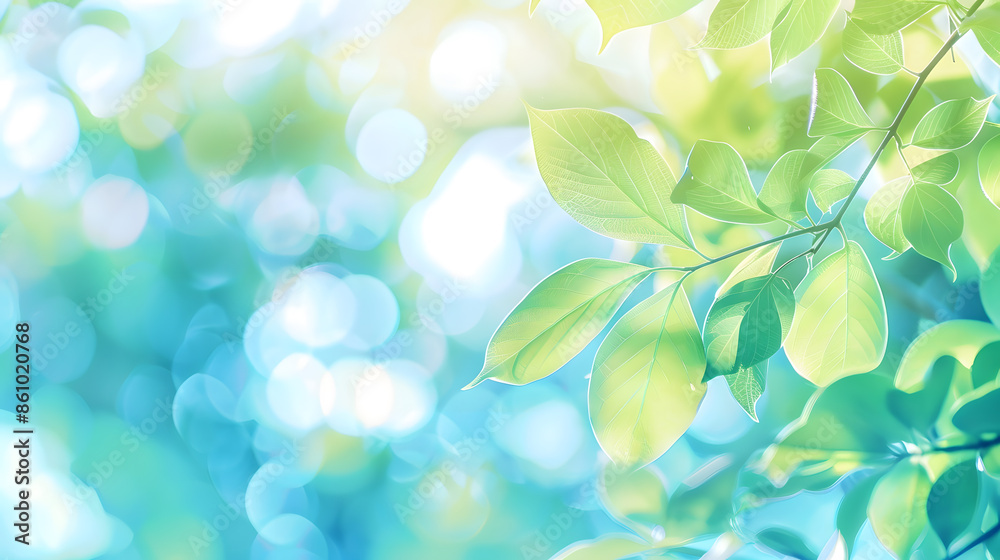 Aufkleber summer background of blue and green blurred foilage and sky with bright bokeh blurry abstract summer