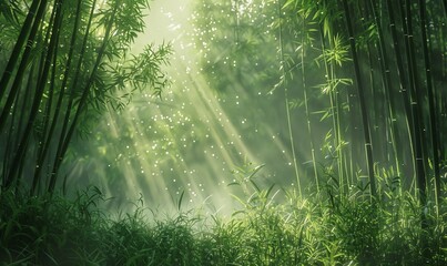 Fototapeta premium Sunlight Piercing Through Lush Bamboo Forest Creating Ethereal Glow