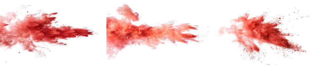 Collection of red chalk pieces and dust flying, effect explode isolated on transparent or white background