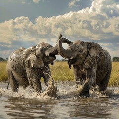 Fototapeta premium Elephants Playing in Water