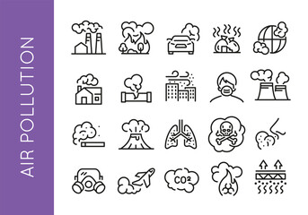 Air Pollution icons. Set of 20 air pollution trendy minimal icons. Factory smoke, Wildfire, car emission, Industrial smoke. Design signs for web page, mobile app, packaging design. Vector illustration