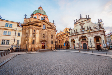 View of the city of Prague with Old Town Bridge Tower on  Charles bridge  in Prague, Czech Republic.