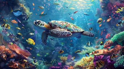 Obraz premium Sea Turtle Swimming Amidst Vibrant Coral Reef