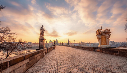 View of the city of Prague and the Vltava river with Old Town Bridge Tower on  Charles bridge  in...