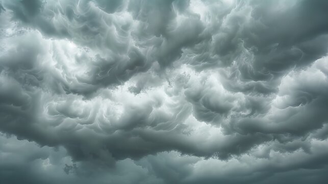 Dramatic mammatus clouds dominate a turbulent sky. Dark, bulbous formations create a textured ceiling, tinged with eerie light. Foreboding atmosphere suggests approaching storm. 