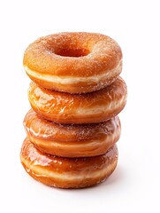 A pile of sweet, sticky cinnamon donuts on a white background.