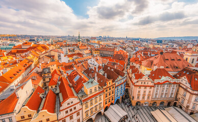 View of the city of Prague and old town square with buildings and Church of Our Lady before Tyn in...