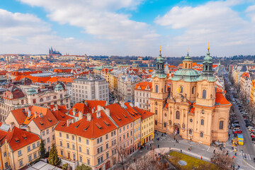 Fototapeta premium View of the city of Prague and old town square with buildings and Church of Our Lady before Tyn in the stare mesto from platform of Old Town Hall (Staromestska Radnice)