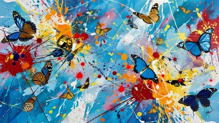 Explosion of color featuring vibrant butterflies in flight. Dynamic brushstrokes in blues, reds, and yellows create sense of motion. Splashes and drips add texture. 