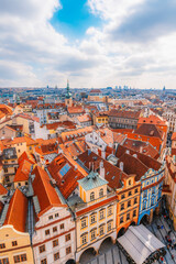 Naklejka premium View of the city of Prague and old town square with buildings and Church of Our Lady before Tyn in the stare mesto from platform of Old Town Hall (Staromestska Radnice)