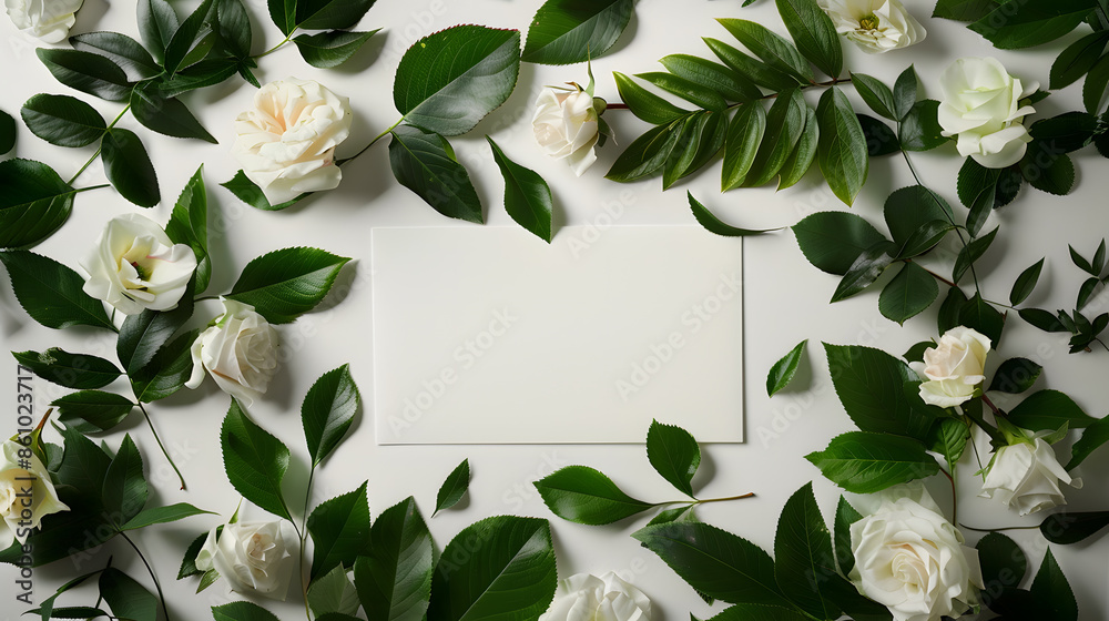 Poster creative layout made of flowers and leaves with paper card note flat lay nature concept : generative