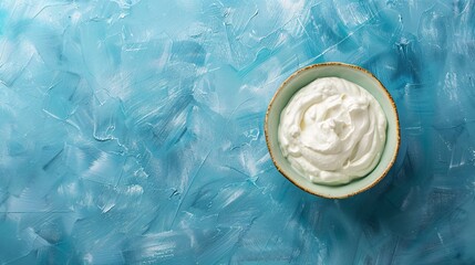 Freshly-made Greek-style yogurt in a bowl on a blue backdrop with room for text, made from all-natural ingredients and perfect for a nutritious morning meal.