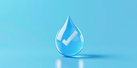 Fototapeta premium Minimalist 3D graphic of check-marked water drop representing pure and secure drinking water.