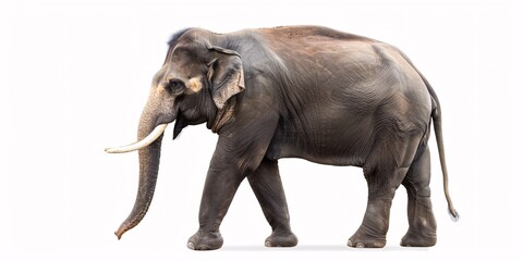 Fototapeta premium A solitary male elephant of Asian origin standing alone against a white backdrop.