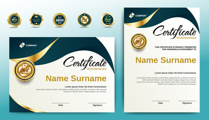 Certificates of completion template with luxury badge and modern line and shapes. Horizontal certificate For award, business, and education needs. Diploma vector template