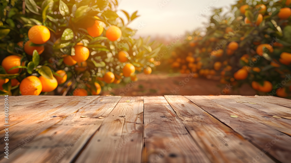 Poster Empty wood table with free space over orange trees orange field background For product display montage : Generative AI