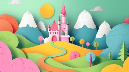 paper art, cute views typical of small children in bright colors, suitable for small children in elementary school, kindergarten, 16:9