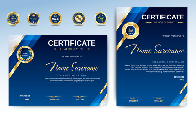 Blue and Gold certificates template design. vertical horizontal diploma certificates. vector