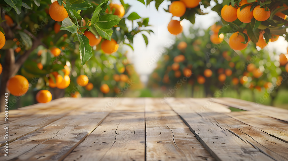 Aufkleber Empty wood table with free space over orange trees orange field background For product display montage : Generative AI